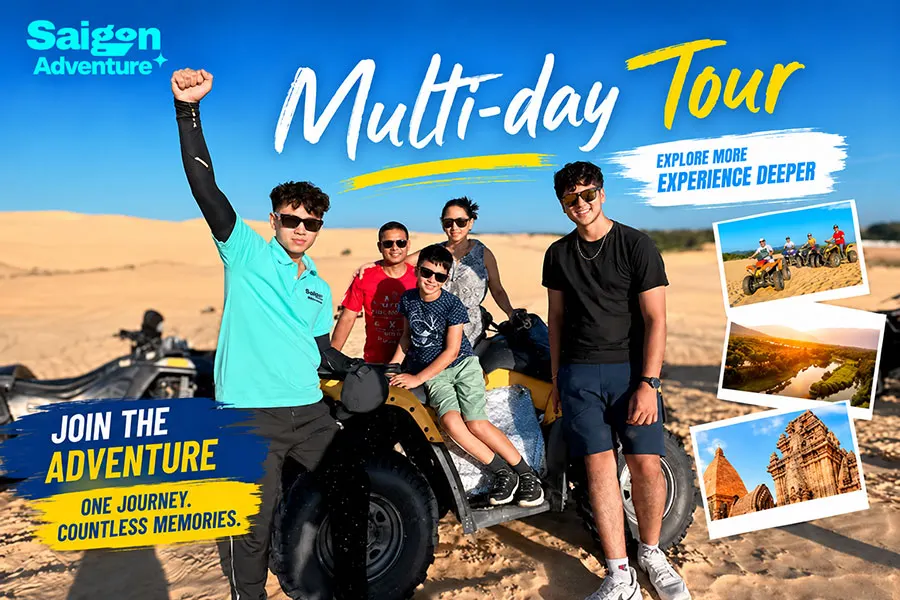 Travelers enjoying an exciting multi-day tour with Saigon Adventure, riding ATVs across stunning sand dunes and discovering unforgettable destinations in Vietnam.