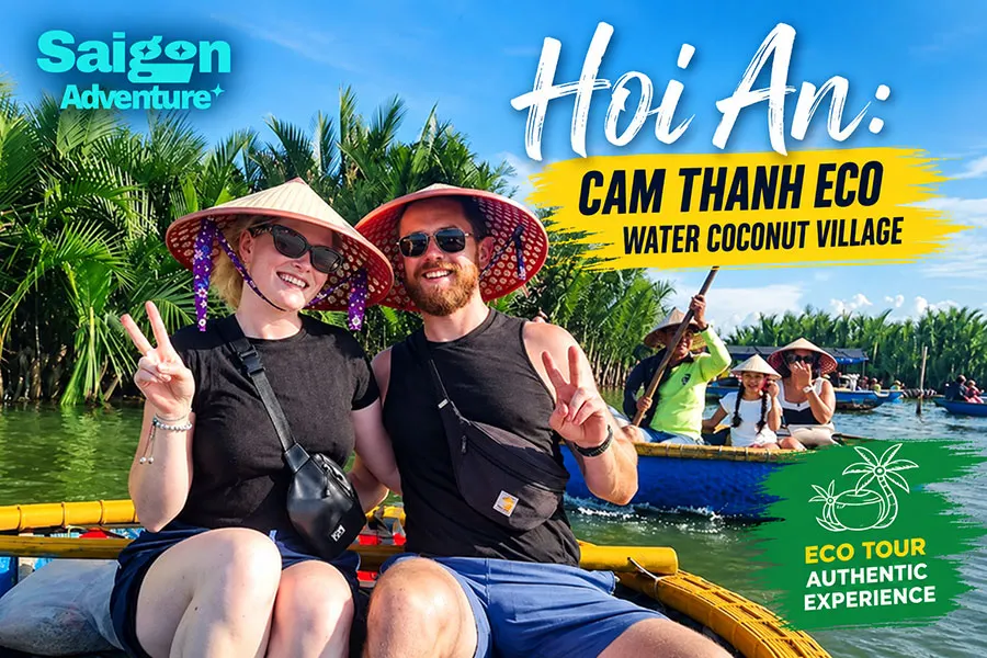 Hoi An Cam Thanh Eco Water Coconut Village tour with happy travelers enjoying traditional basket boat rides through coconut forests.