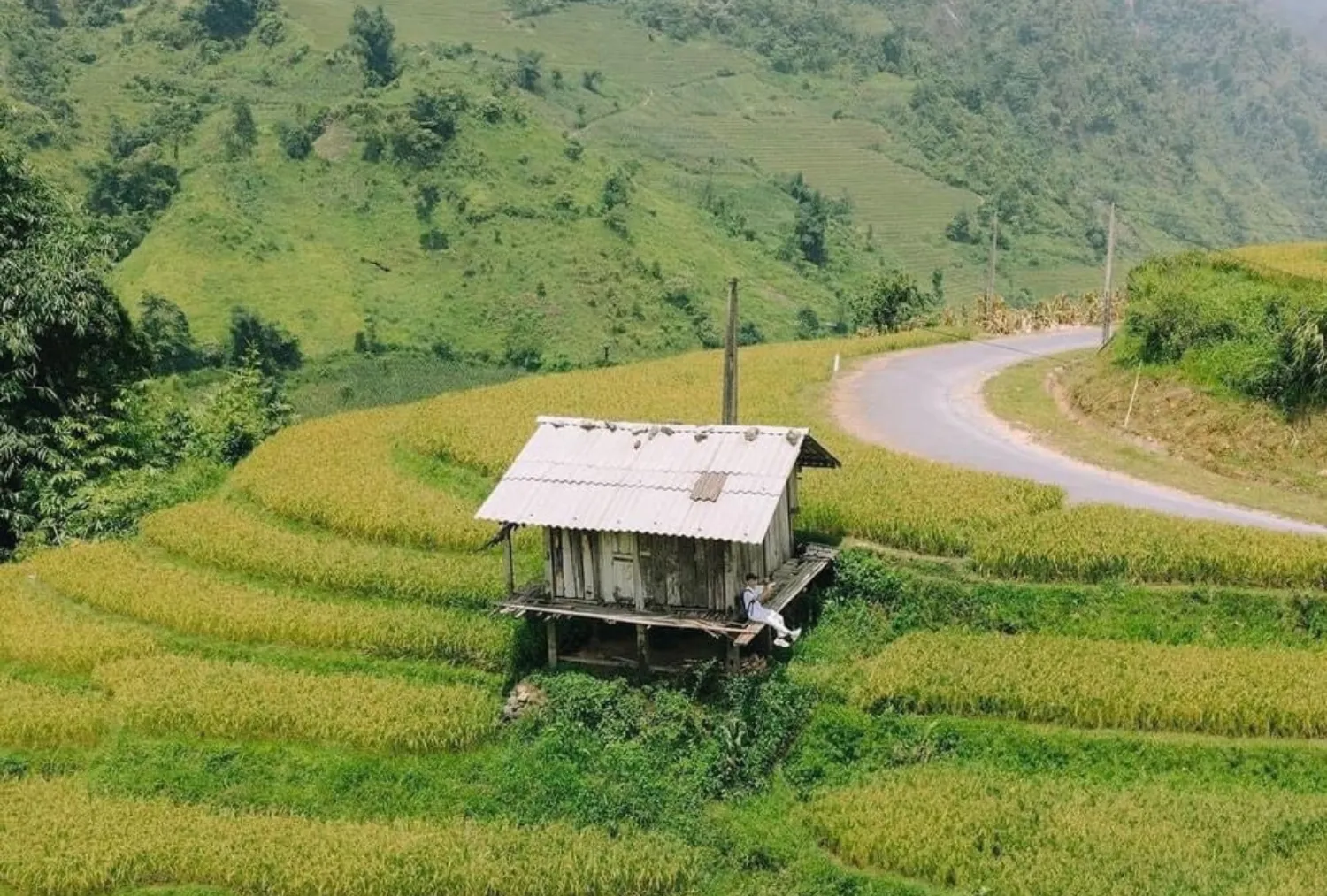 Rice terraces and a traditional mountain house in Muong Hoa Valley