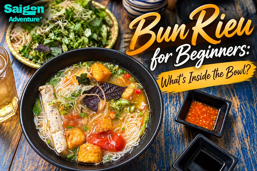 Bun Rieu for Beginners: What’s Inside the Bowl? 2 Authentic bun rieu bowl with tomato broth, crab mixture and herbs