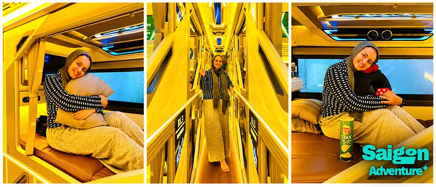 What Is Inside a Vietnamese Sleeper Bus? A First-Timer's Guide 6 Inside a VIP sleeper bus cabin in Vietnam with a private sleeping pod and comfortable bedding