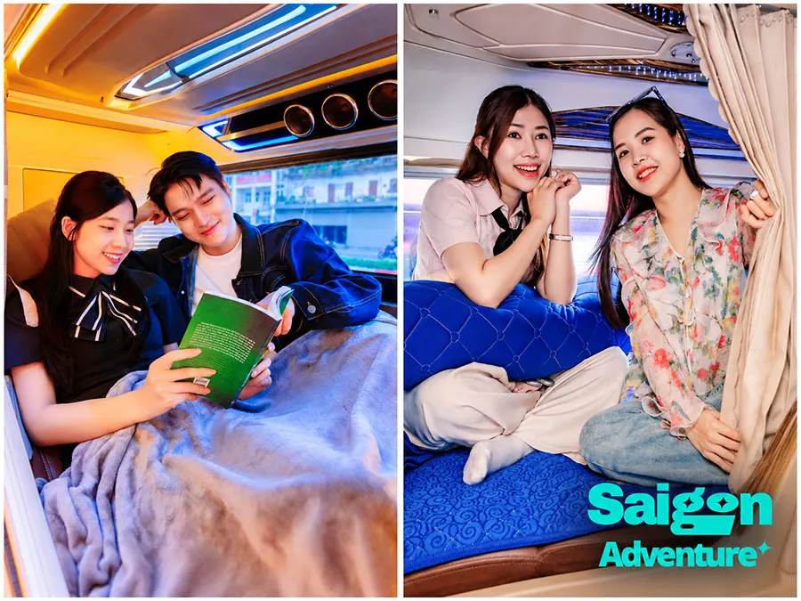 What Is Inside a Vietnamese Sleeper Bus? A First-Timer's Guide 4 Luxury VIP sleeper bus in Vietnam featuring private curtains, personal sleeping spaces, air conditioning, soft blankets, and comfortable padded beds.
