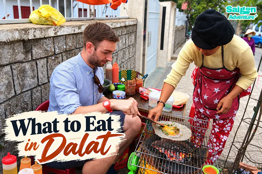 What to Eat in Dalat: Local Dishes Beyond the Night Market 1 International traveller learning to make grilled rice paper with a local vendor in Dalat